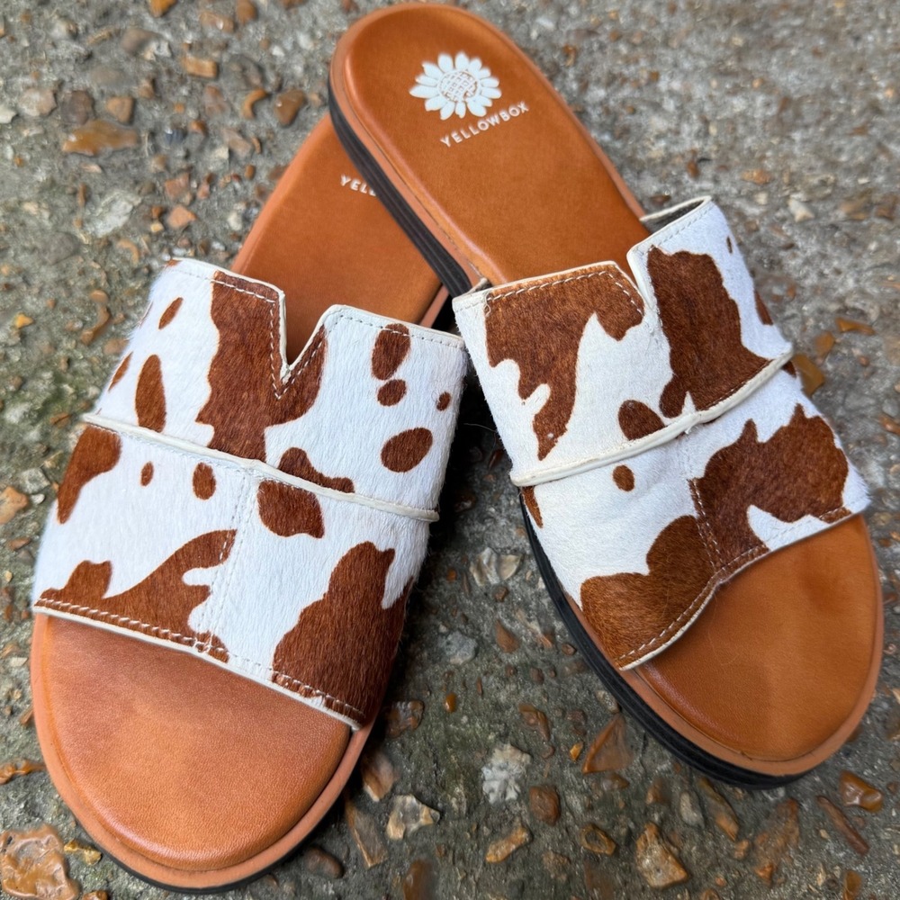 Yellow Box Bellenos Cow Print Hair Calf Leather Slide Sandals Womens 6.5 Brown